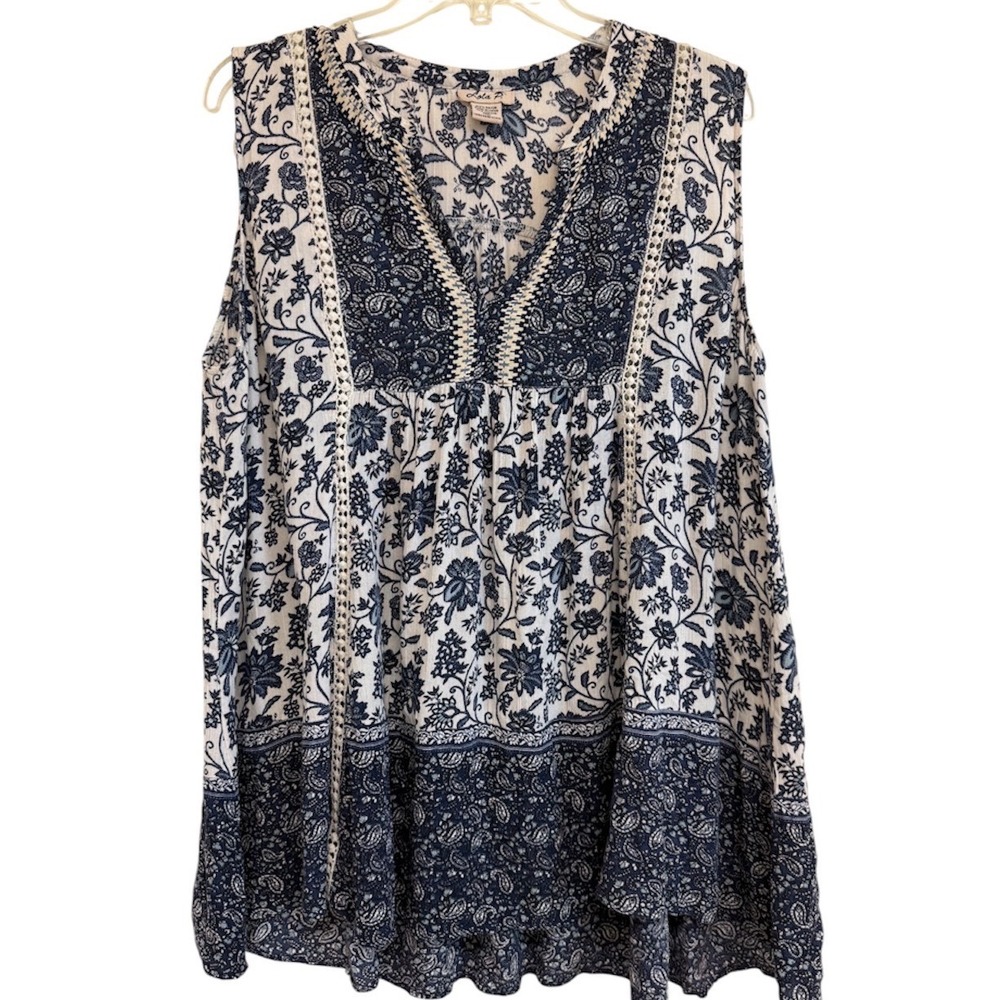 Lola P Womens Blue White Floral Paisley Crochet Trim Sleeveless Boho Tunic Top M